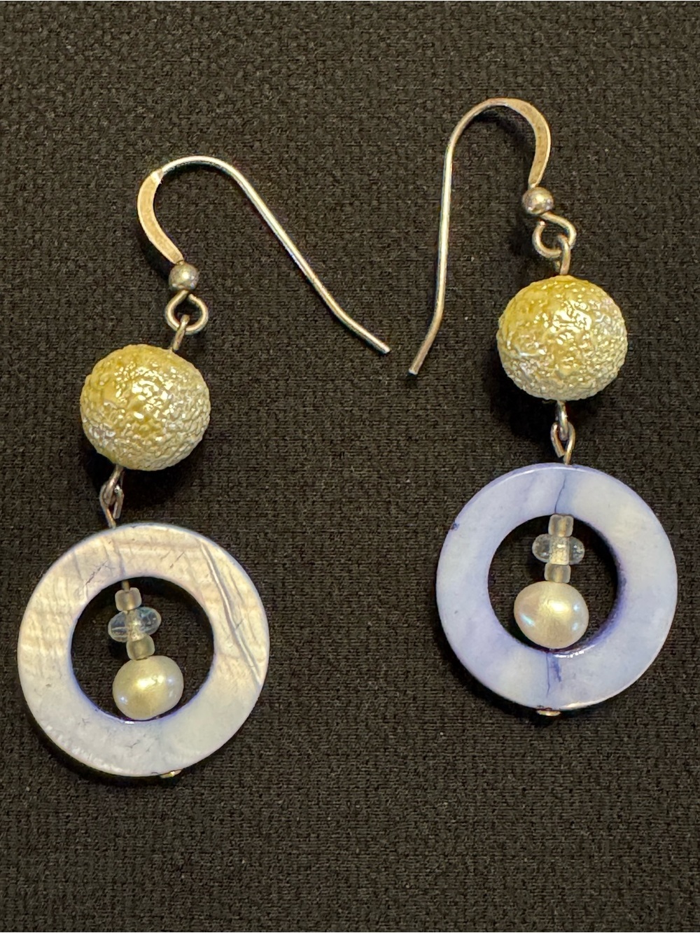 Blue Mother of Pearl Genuine Pearl Circle Dangle Earrings - 2”